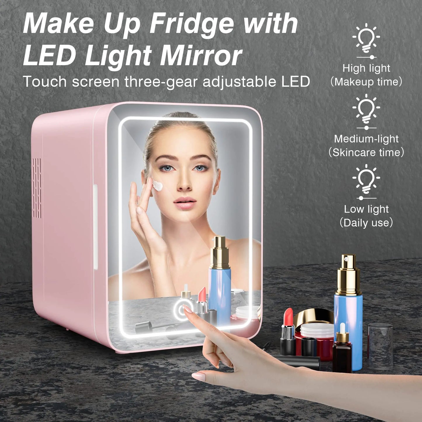 Mini Makeup Fridge Magnetic mirror door with LED light Pink Small car fridge Mini refrigerator